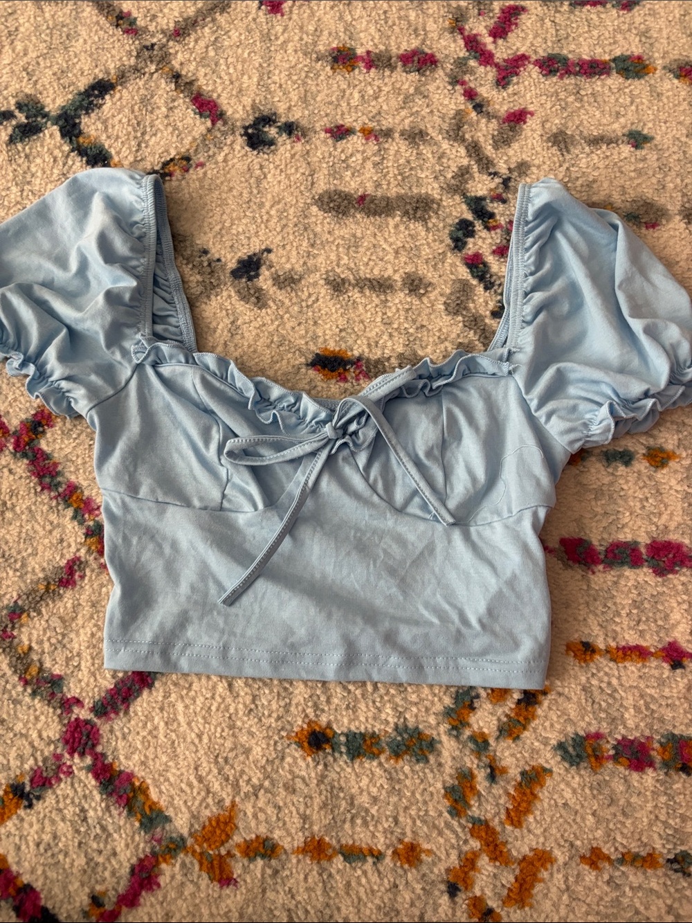 Sky Blue Puff Sleeve Tie-Front Crop Top